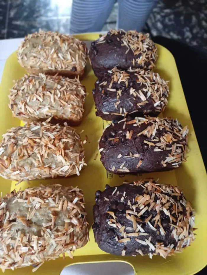 Banana bread and chocolate loaves with coconut topping