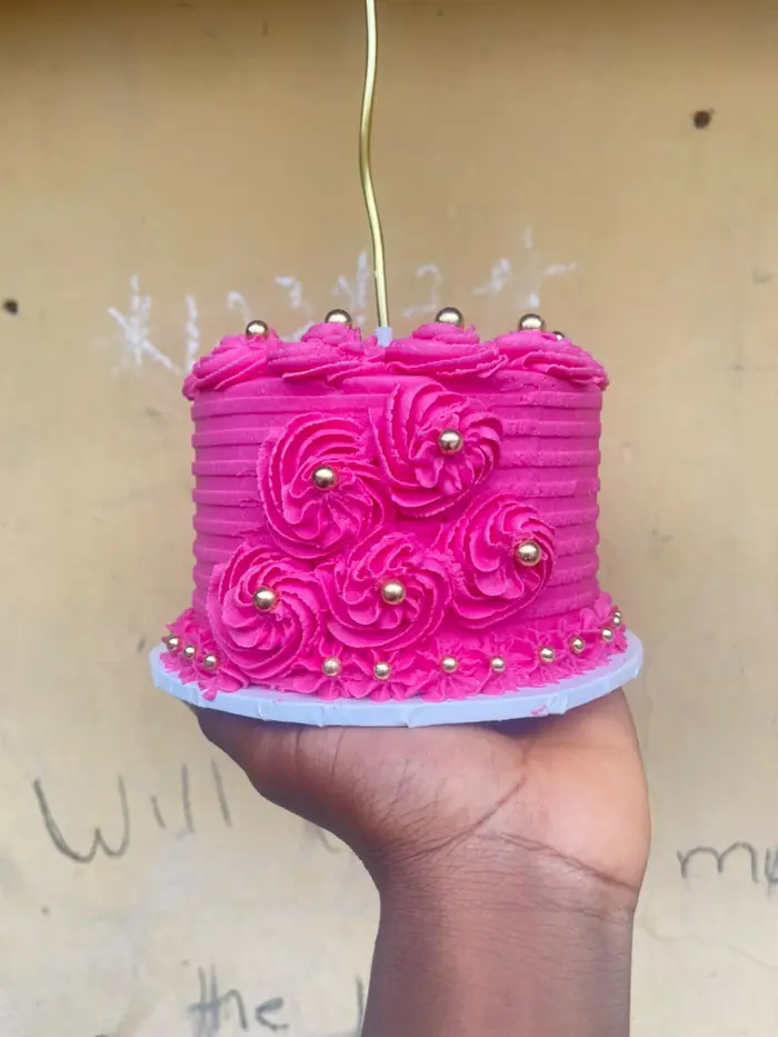 Hot pink rosette cake with gold pearls
