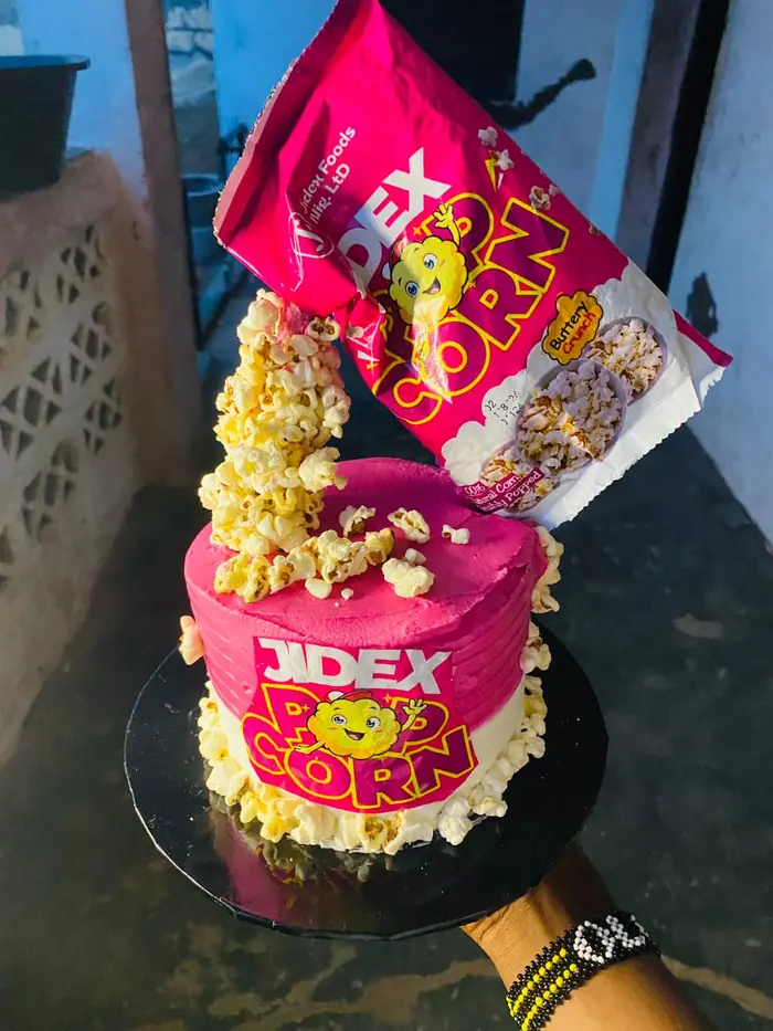 Birthday cake for Jidex topped with popcorn