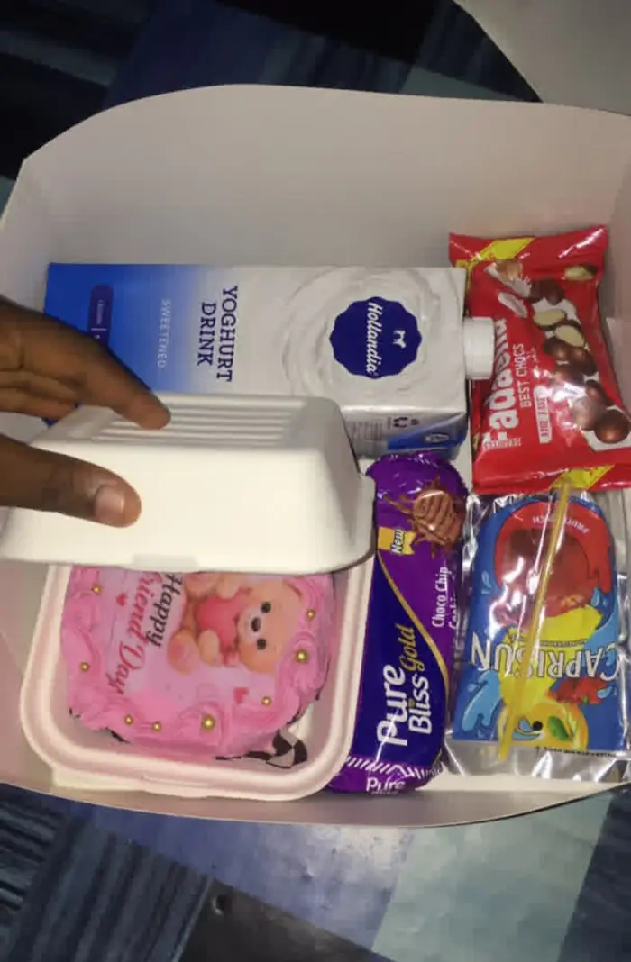 Surprise package: bento cake, yoghurt drink and chocolates